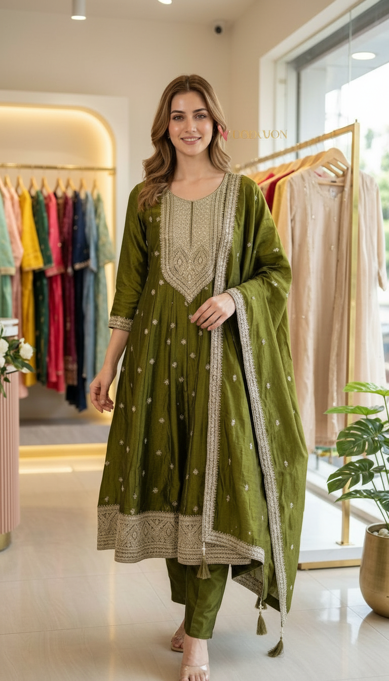 Heavy Embroidered Chinon Silk Stitched Gawn Set - 3917 Mehndi / HC002578 view 3