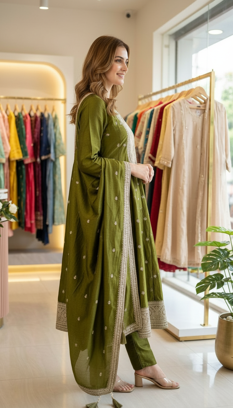 Heavy Embroidered Chinon Silk Stitched Gawn Set - 3917 Mehndi / HC002578 view 5