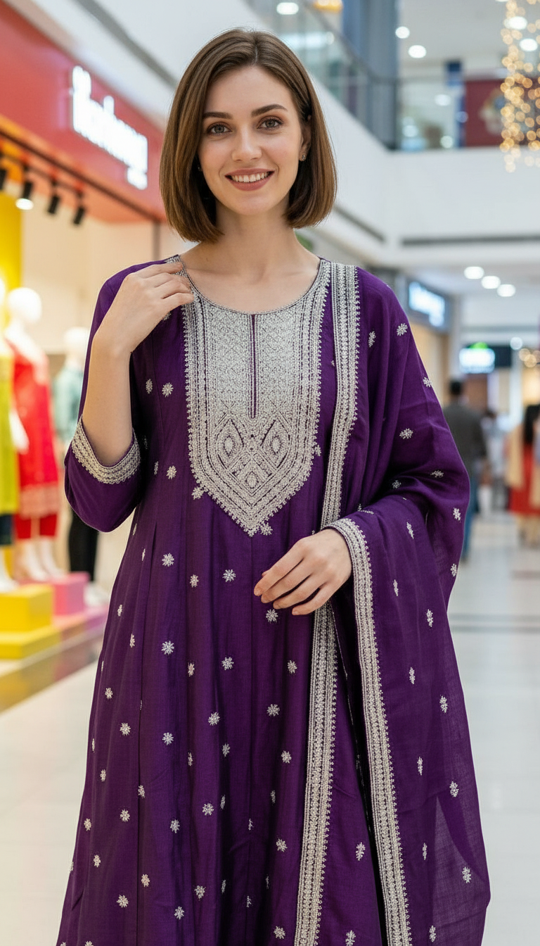 Heavy Embroidered Chinon Silk Stitched Gawn Set - 3917 Purple / HC002579 view 4