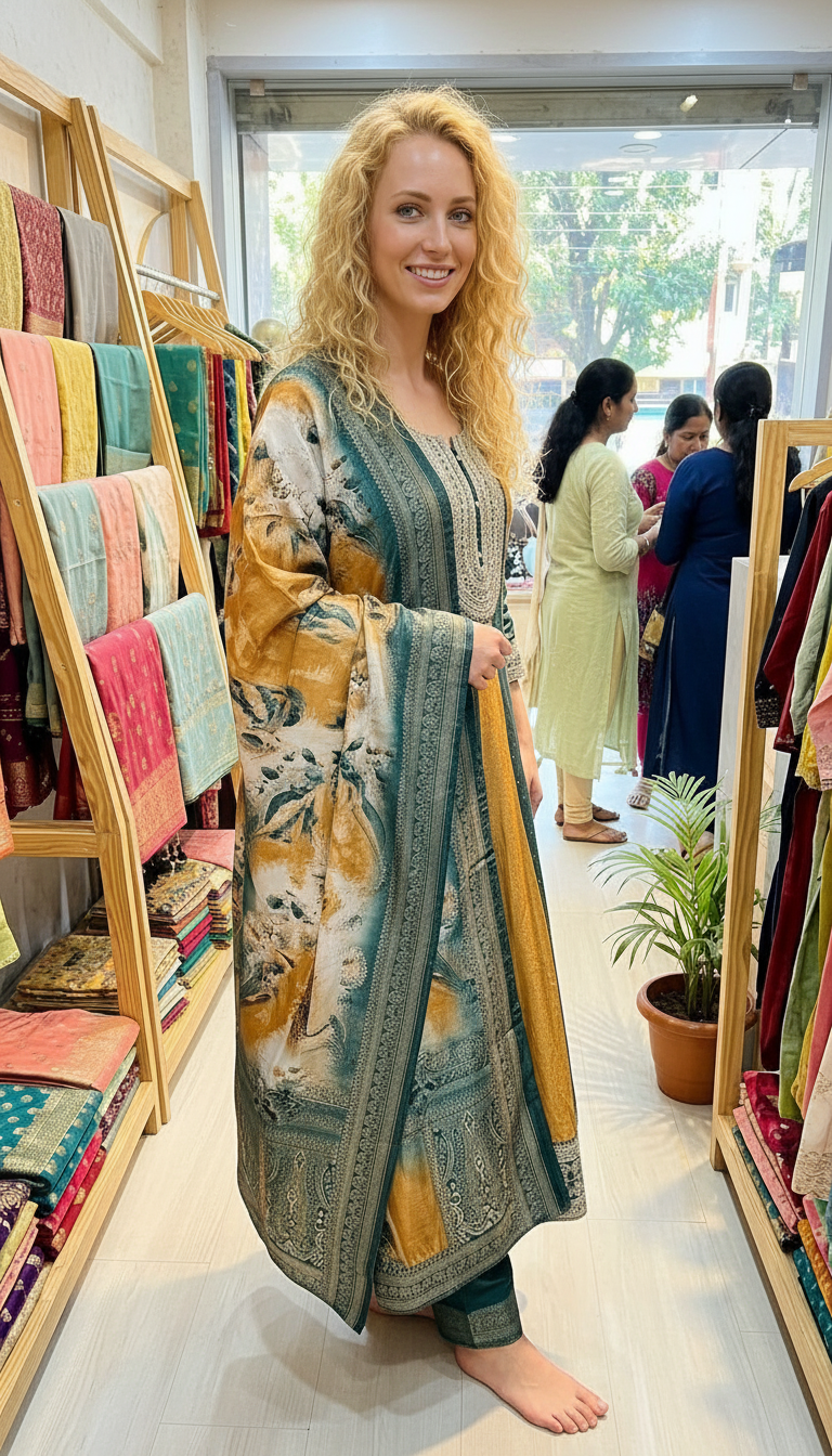 Heavy Embroidered Chinon Silk Stitched Gawn Suit - 4006 Green / HC002576 view 3
