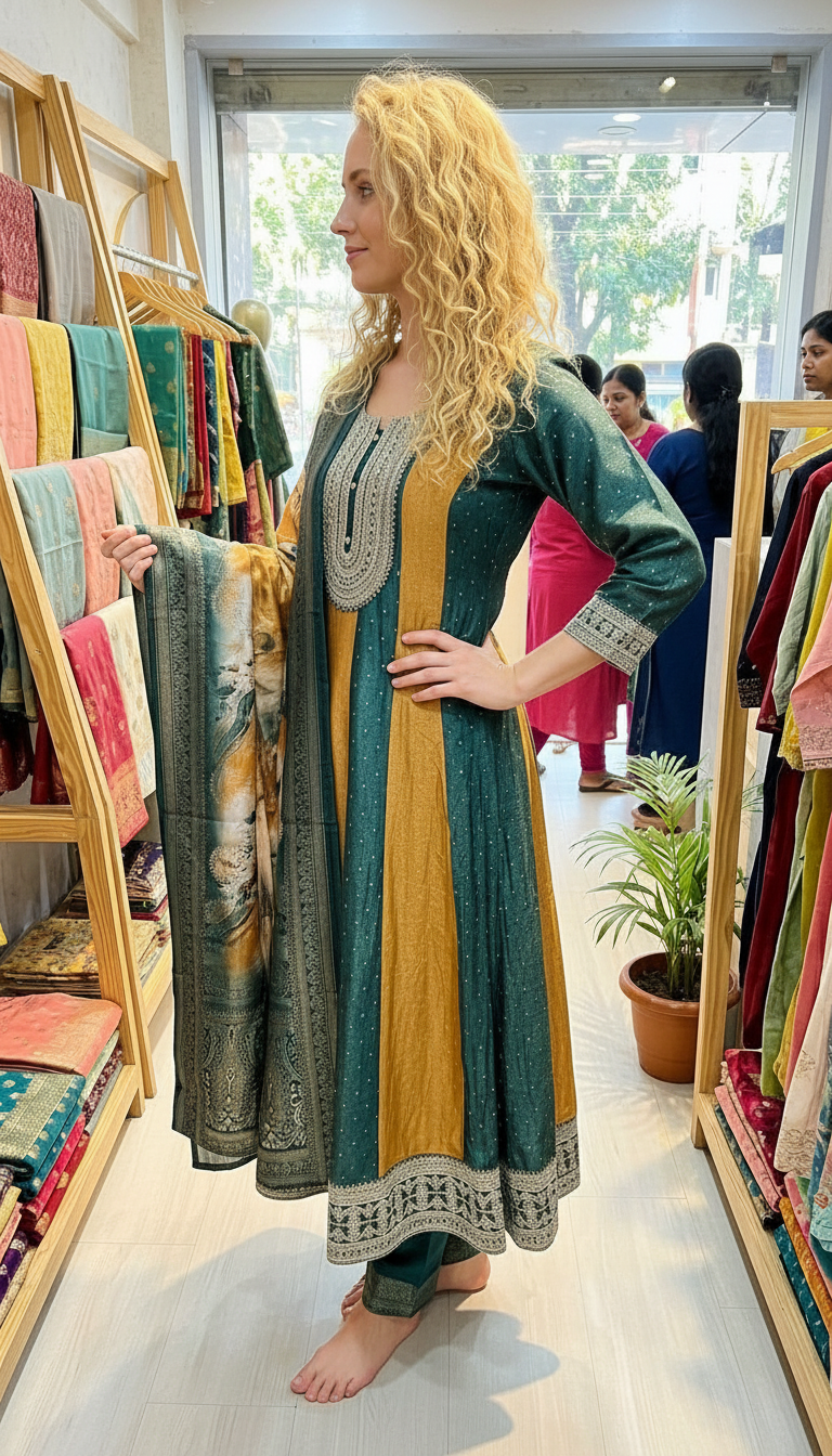 Heavy Embroidered Chinon Silk Stitched Gawn Suit - 4006 Green / HC002576 view 2