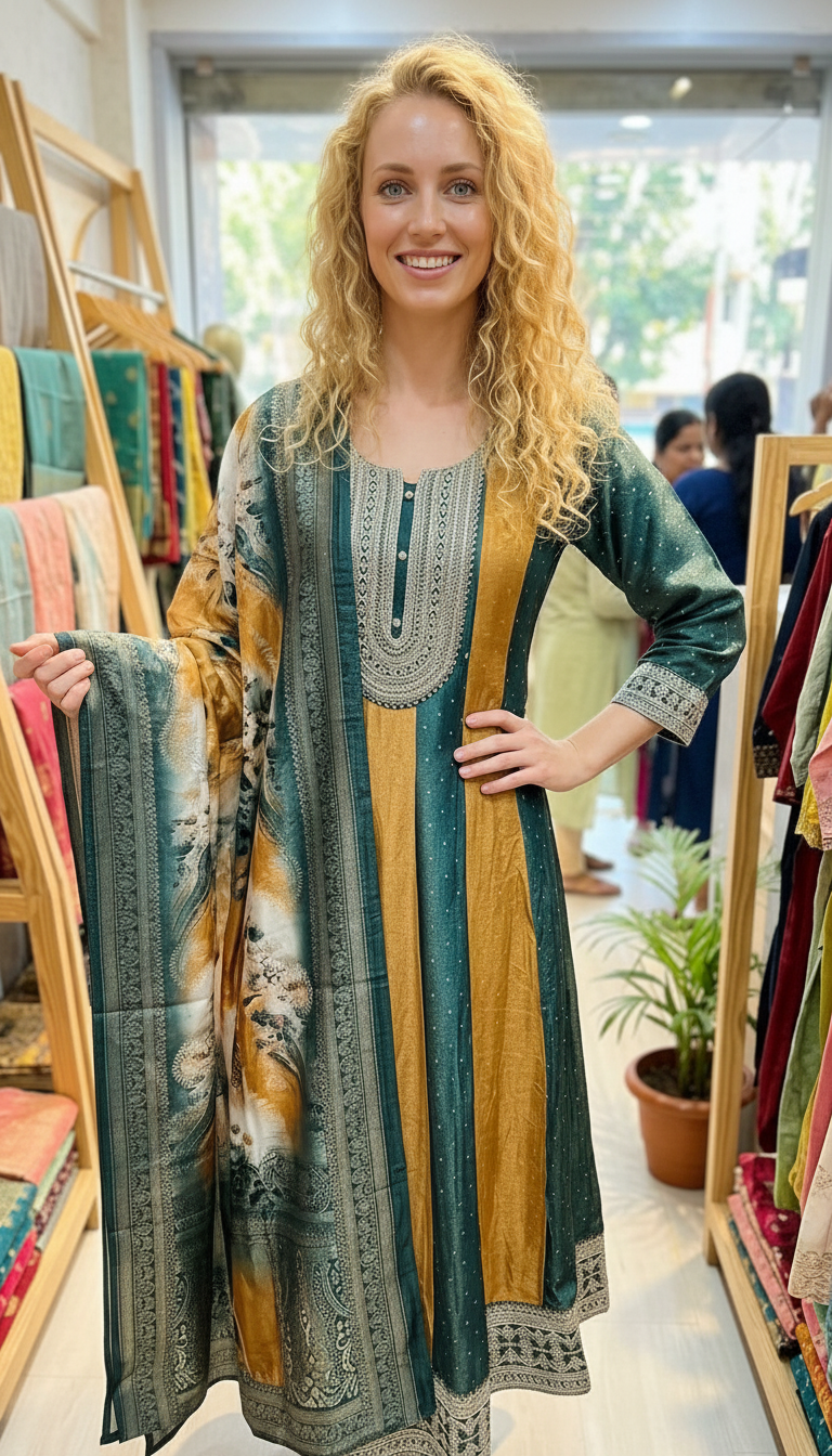 Heavy Embroidered Chinon Silk Stitched Gawn Suit - 4006 Green / HC002576 view 4