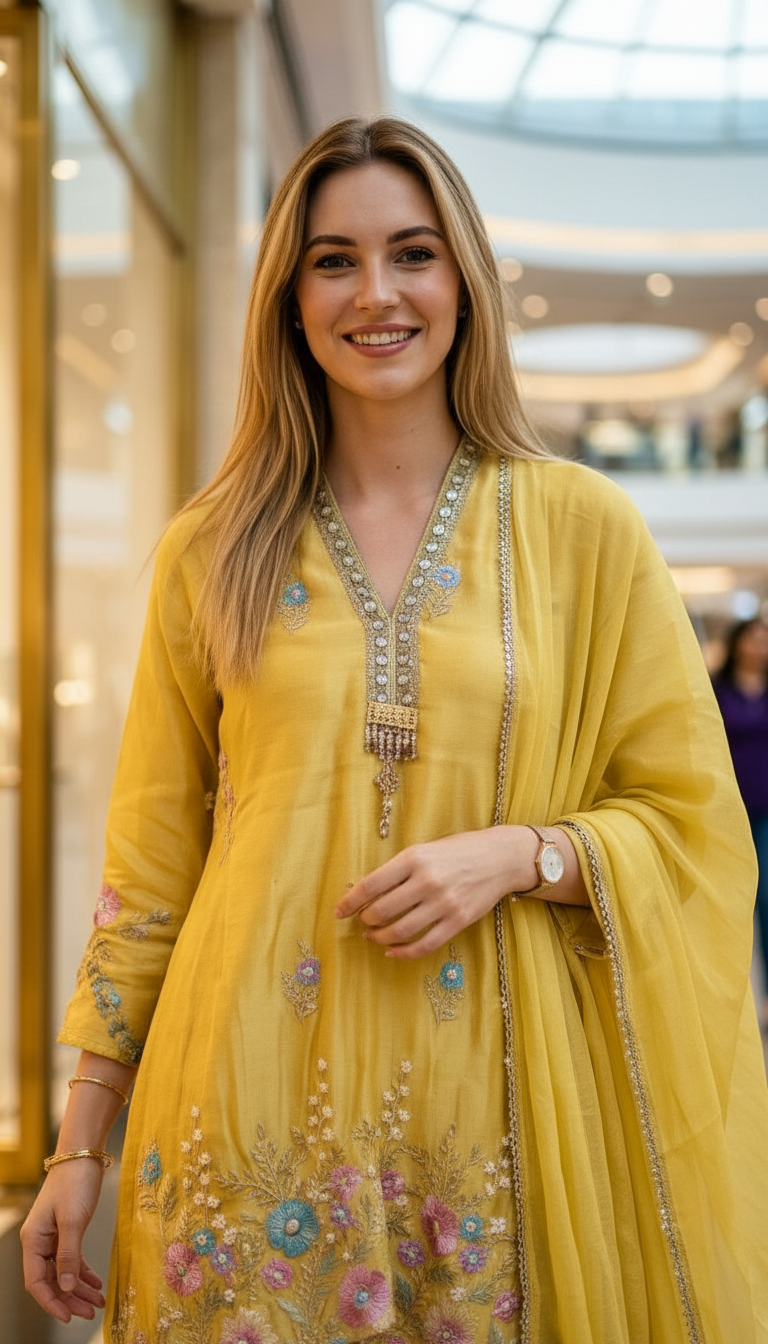 Stylish Embroidered Satin Silk Stitched Suit Set - 4901 Yellow / HC002582 view 4