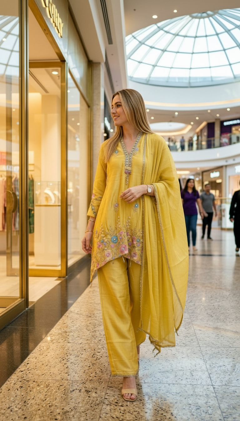 Stylish Embroidered Satin Silk Stitched Suit Set - 4901 Yellow / HC002582 view 2