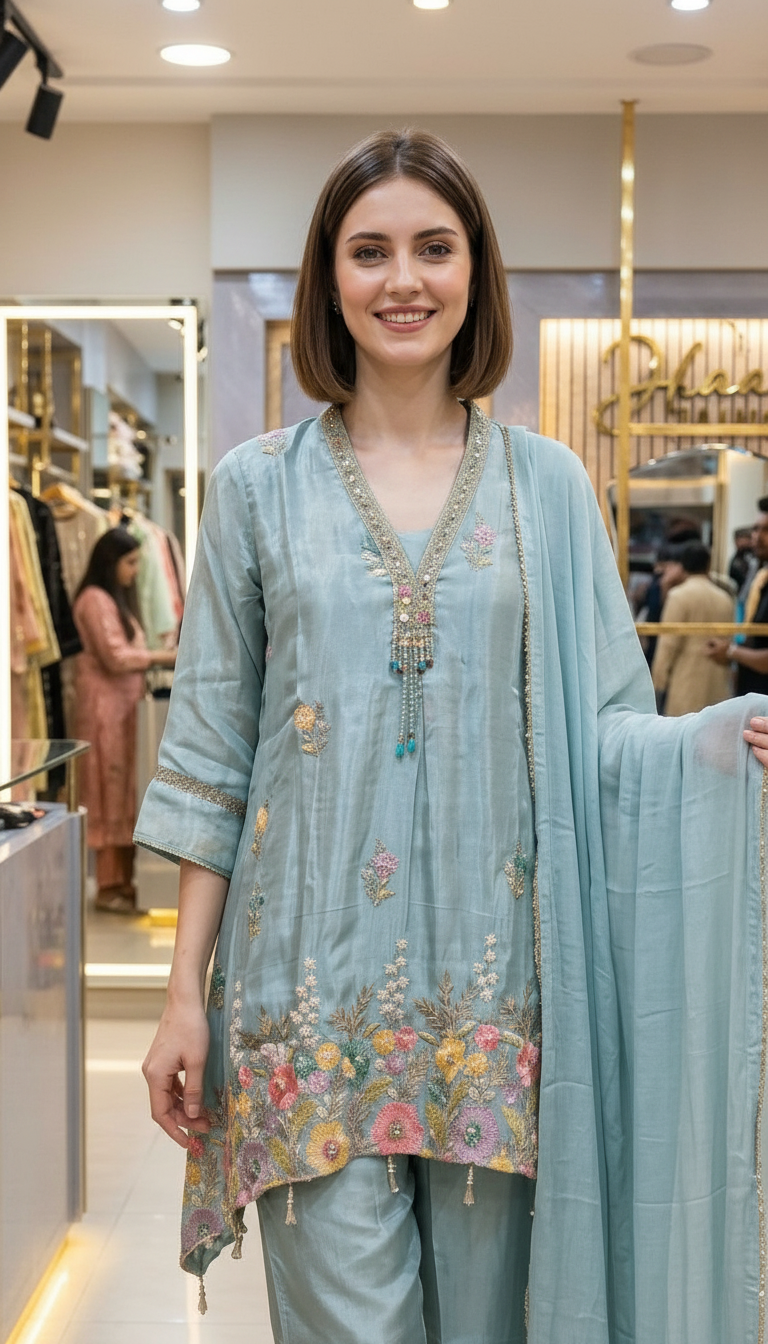 Fancy And Stylish Embroidered Satin Silk Stitched Suit - 4901 Alove Green / HC002582 view 3