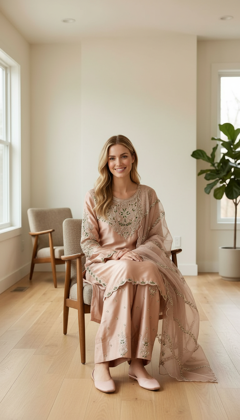 Stylish Heavy Embroidered Work Satin Silk Farshi Shalwar Suit - Golden / HC002310 view 5