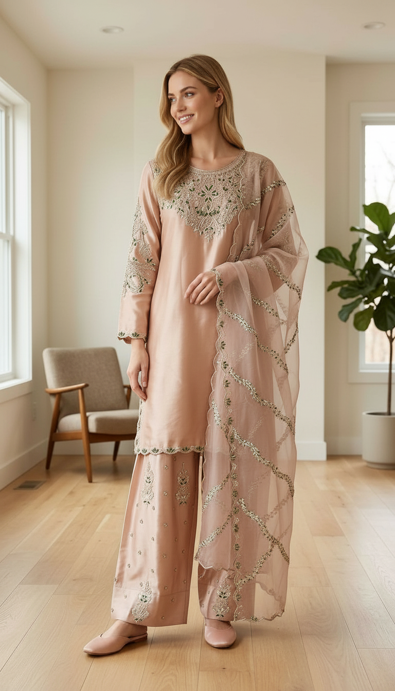 Stylish Heavy Embroidered Work Satin Silk Farshi Shalwar Suit - Golden / HC002310 view 2