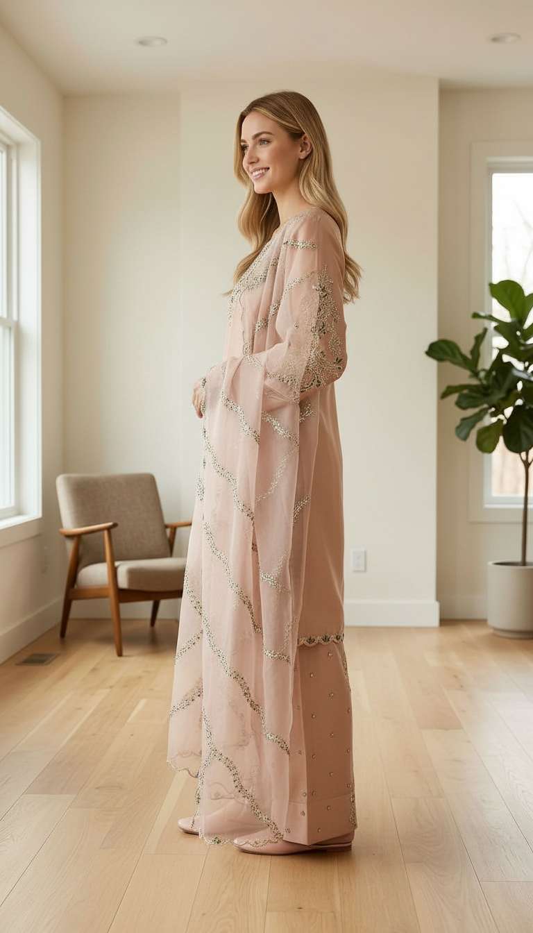 Stylish Heavy Embroidered Work Satin Silk Farshi Shalwar Suit - Golden / HC002310 view 3