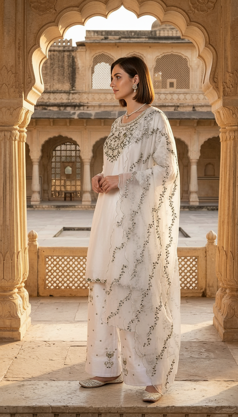 Stylish Heavy Embroidered Work Satan Silk Farshi Shalwar Suit - White / HC002310 view 2