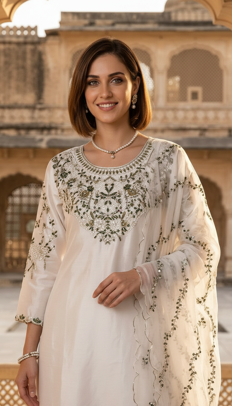 Stylish Heavy Embroidered Work Satan Silk Farshi Shalwar Suit - White / HC002310 view 3