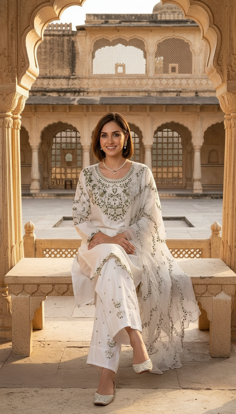 Stylish Heavy Embroidered Work Satan Silk Farshi Shalwar Suit - White / HC002310 view 4