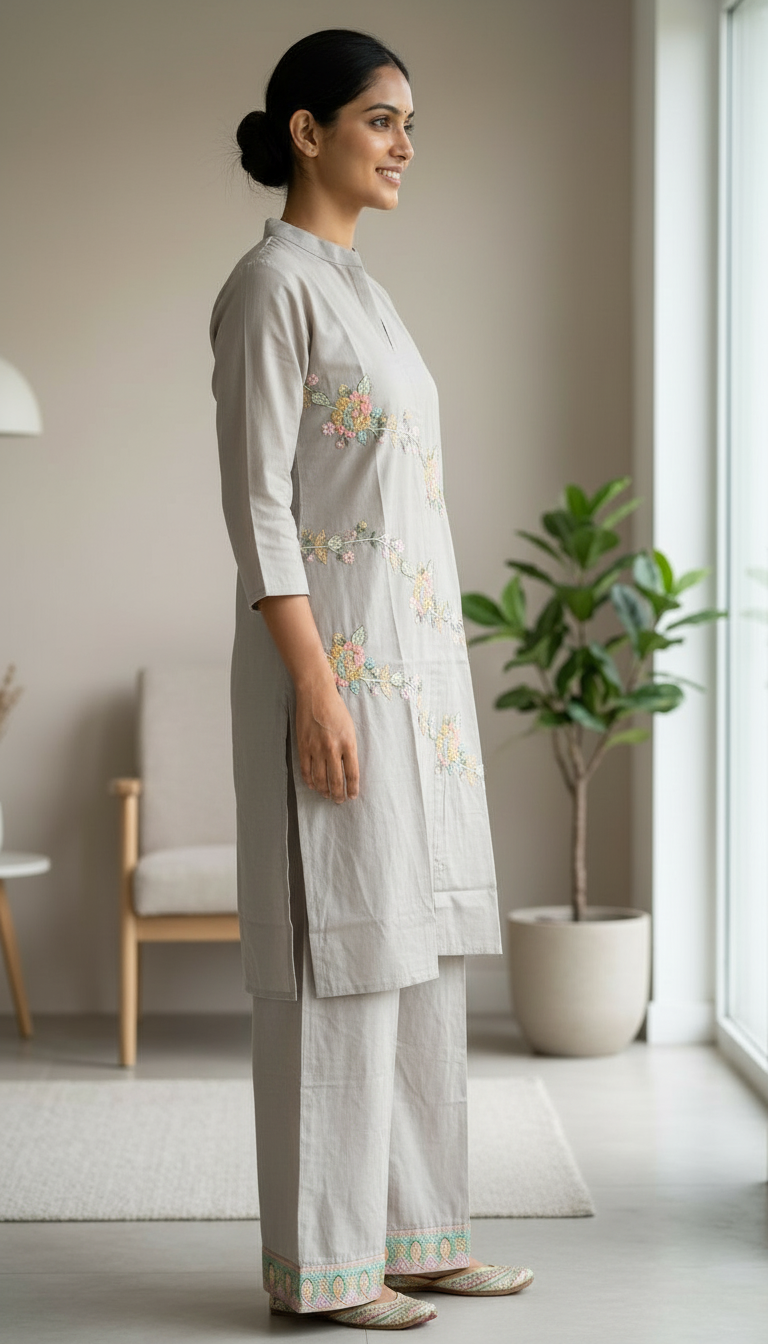 Embroidered Soft Cotton Stitched Cord Set - 176 A/ HC0025858 view 3