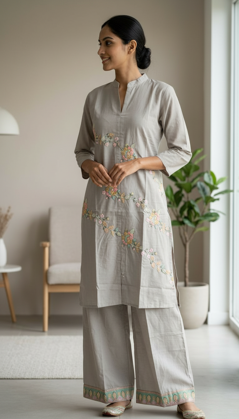 Embroidered Soft Cotton Stitched Cord Set - 176 A/ HC0025858 view 2