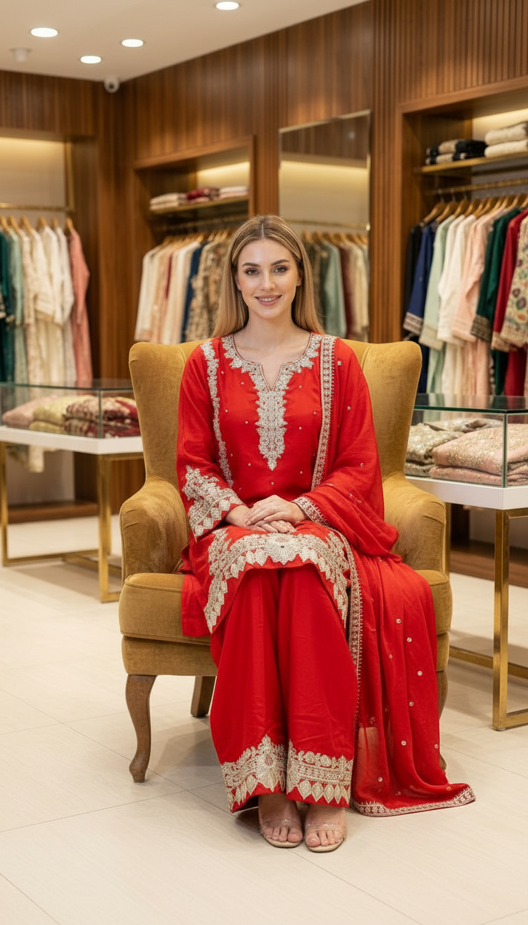 Fancy And Stylish Embroidered Silk Farshi Shalwar Suit - Rose Red XXL / SD00174 view 6