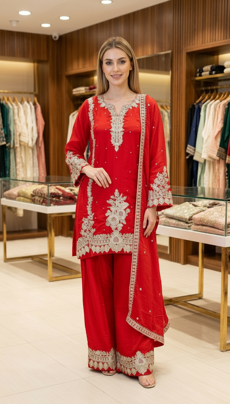 Fancy And Stylish Embroidered Silk Farshi Shalwar Suit - Rose Red XXL / SD00174 view 3