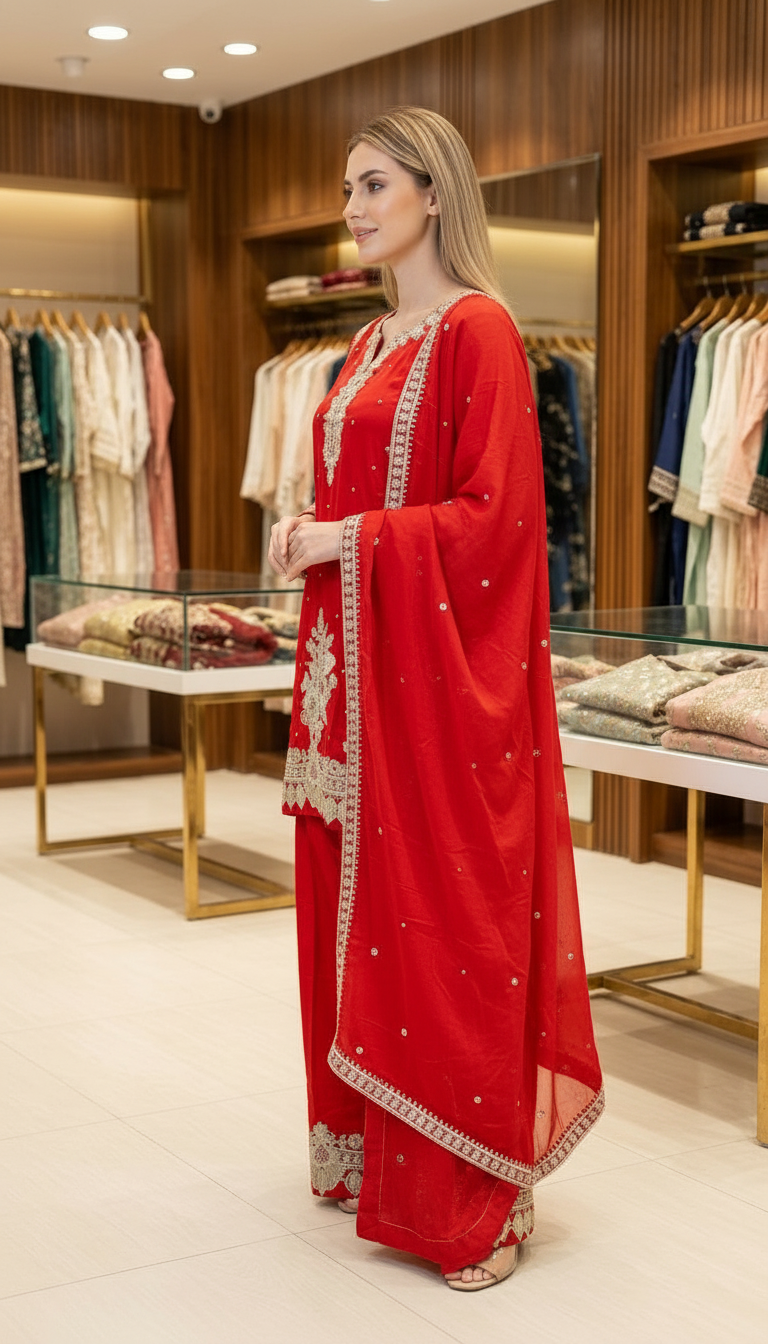 Fancy And Stylish Embroidered Silk Farshi Shalwar Suit - Rose Red XXL / SD00174 view 2