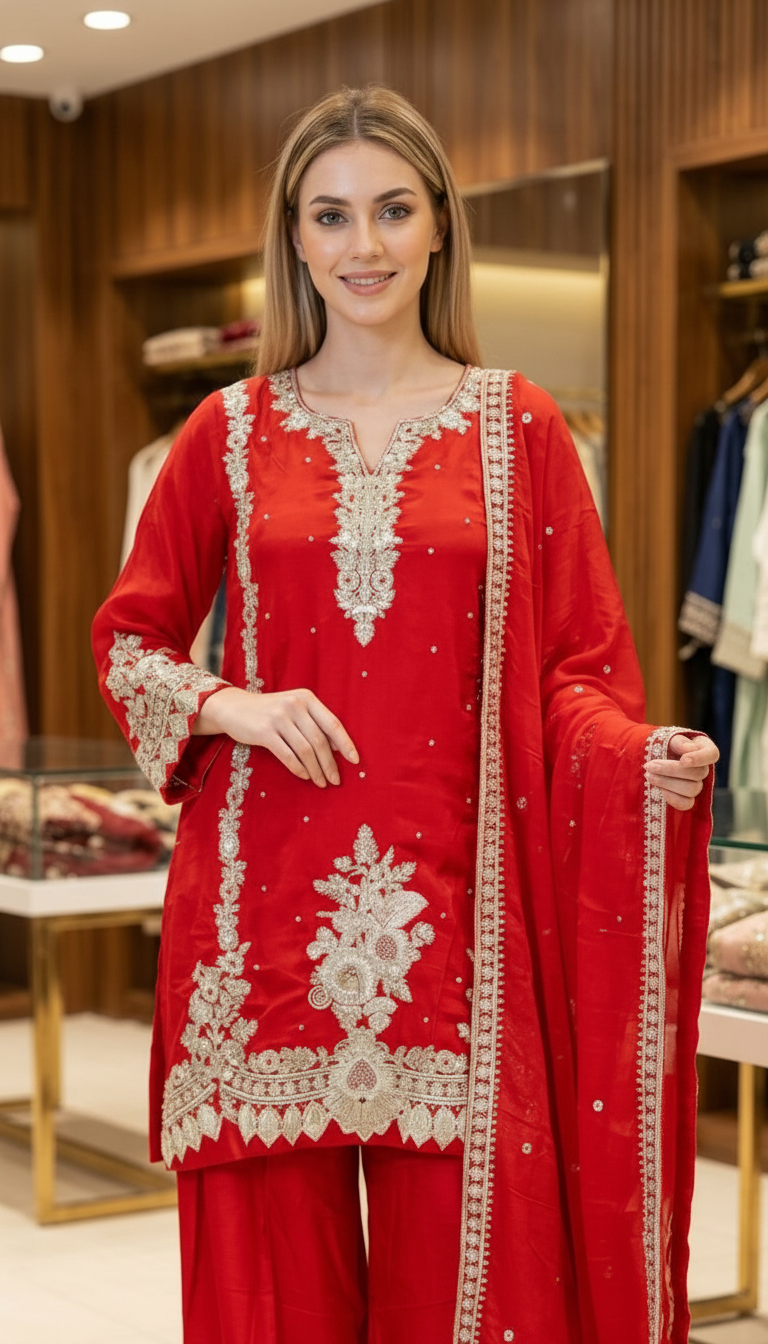 Fancy And Stylish Embroidered Silk Farshi Shalwar Suit - Rose Red XXL / SD00174 view 5