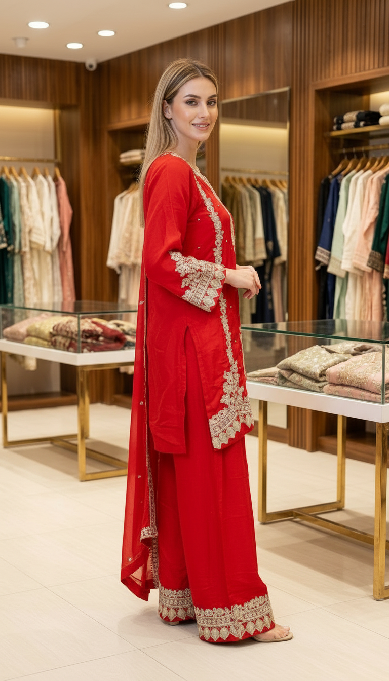 Fancy And Stylish Embroidered Silk Farshi Shalwar Suit - Rose Red XXL / SD00174 view 4