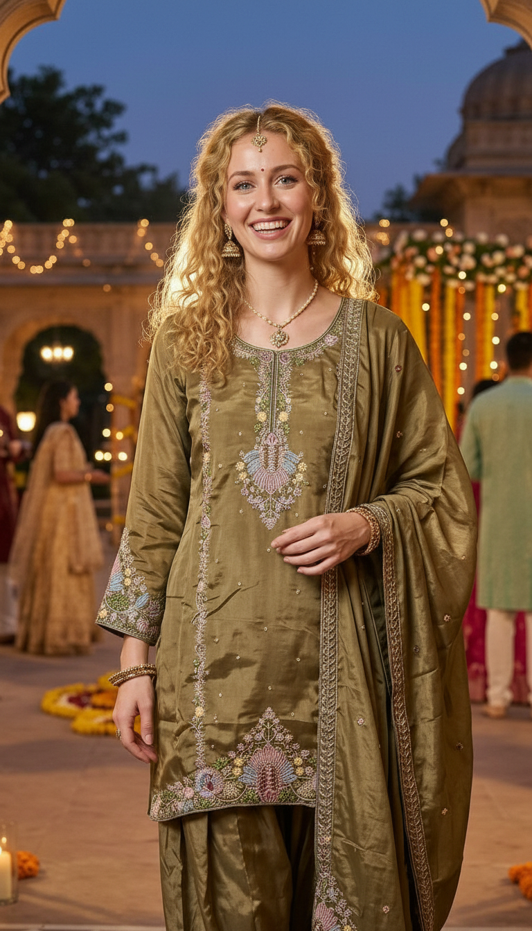 Fancy And Stylish Embroidered Silk Farshi Shalwar Suit - Mehndi XXL / SD00174 view 4