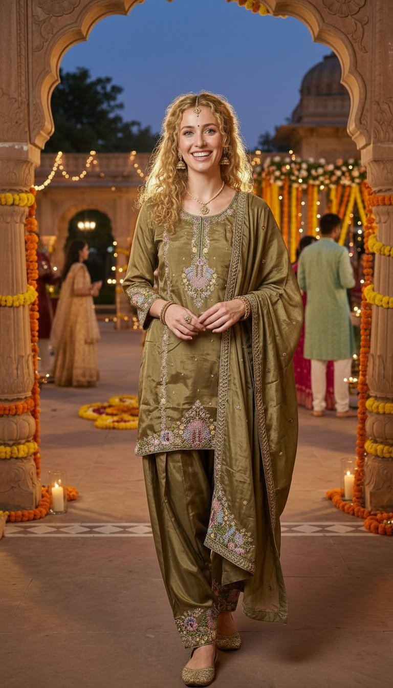 Fancy And Stylish Embroidered Silk Farshi Shalwar Suit - Mehndi XXL / SD00174 view 3