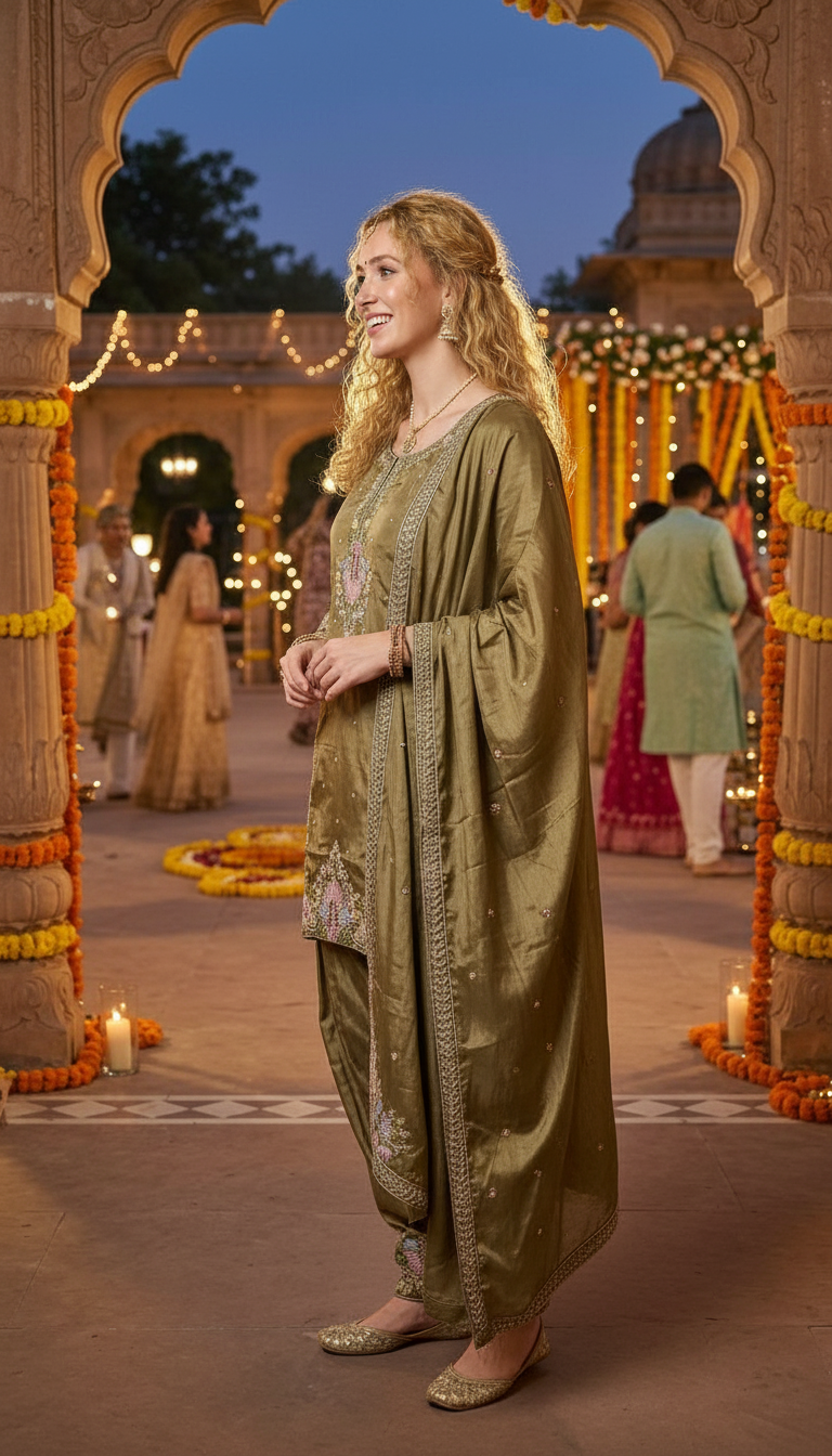 Fancy And Stylish Embroidered Silk Farshi Shalwar Suit - Mehndi XXL / SD00174 view 2