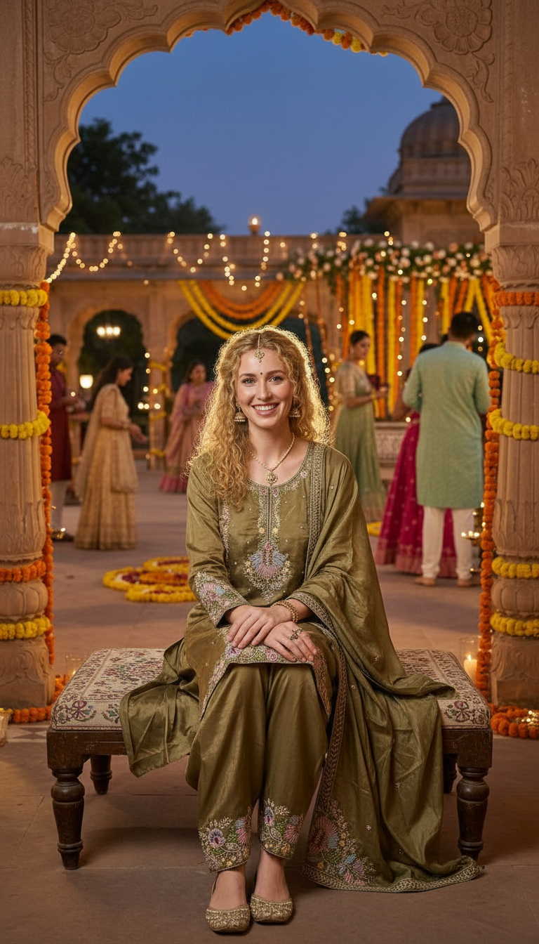 Fancy And Stylish Embroidered Silk Farshi Shalwar Suit - Mehndi XXL / SD00174 view 5