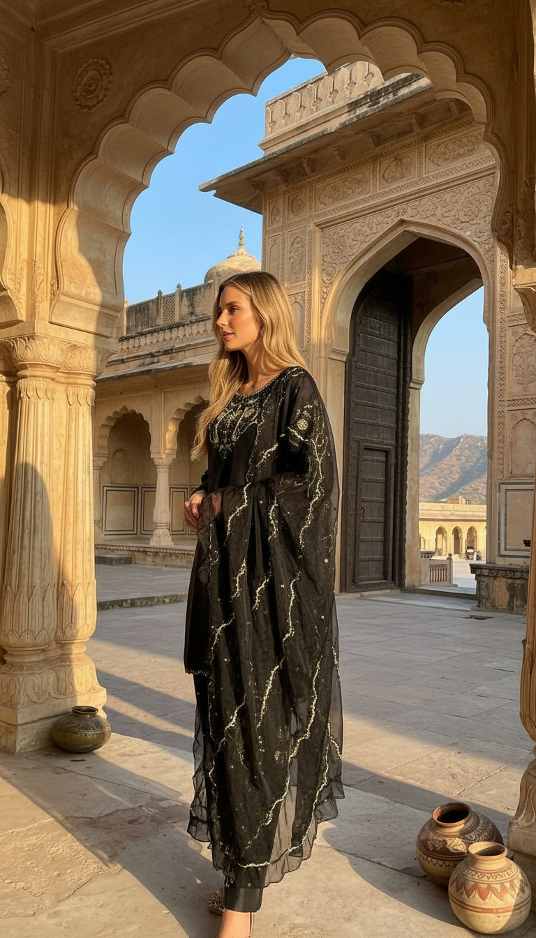 Stylish Heavy Embroidered Satan Silk Farshi Shalwar Suit - Black / HC002310 view 2