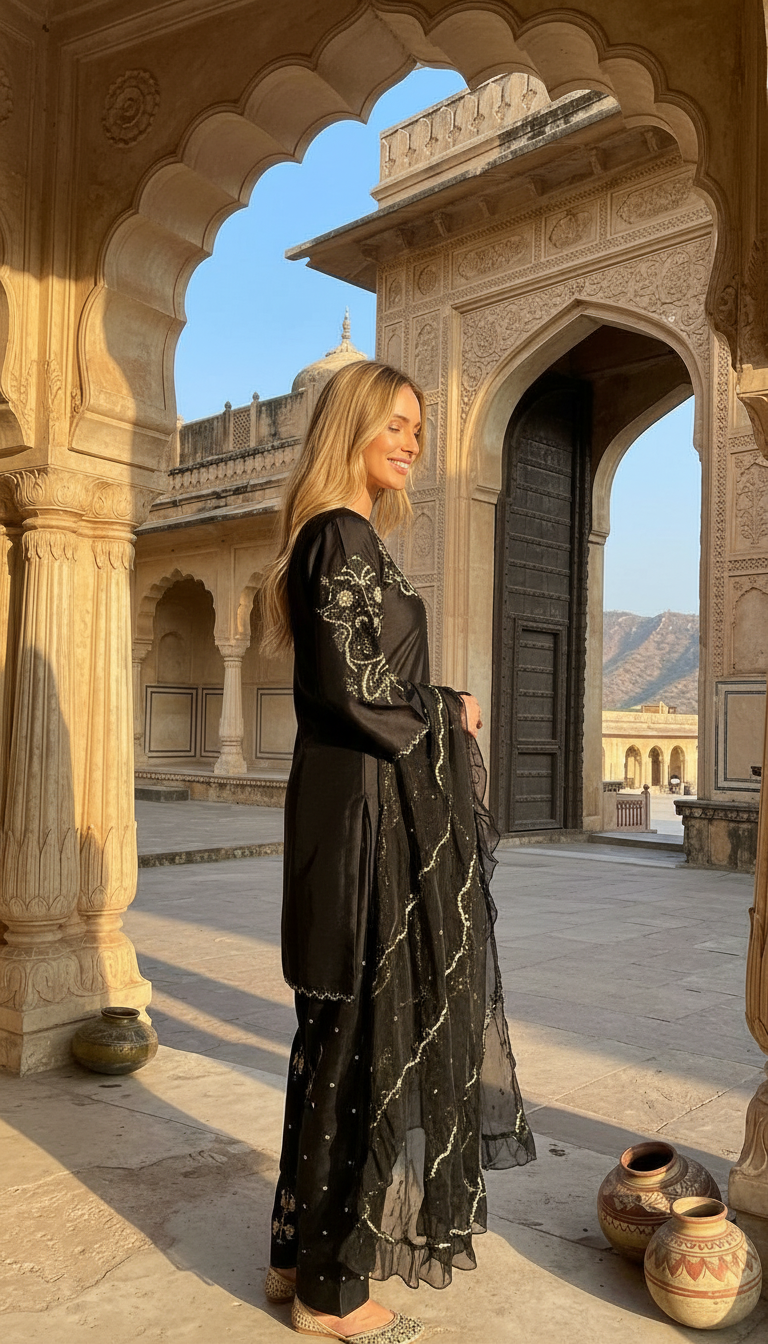Stylish Heavy Embroidered Satan Silk Farshi Shalwar Suit - Black / HC002310 view 4