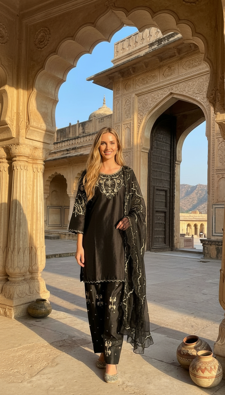 Stylish Heavy Embroidered Satan Silk Farshi Shalwar Suit - Black / HC002310 view 3