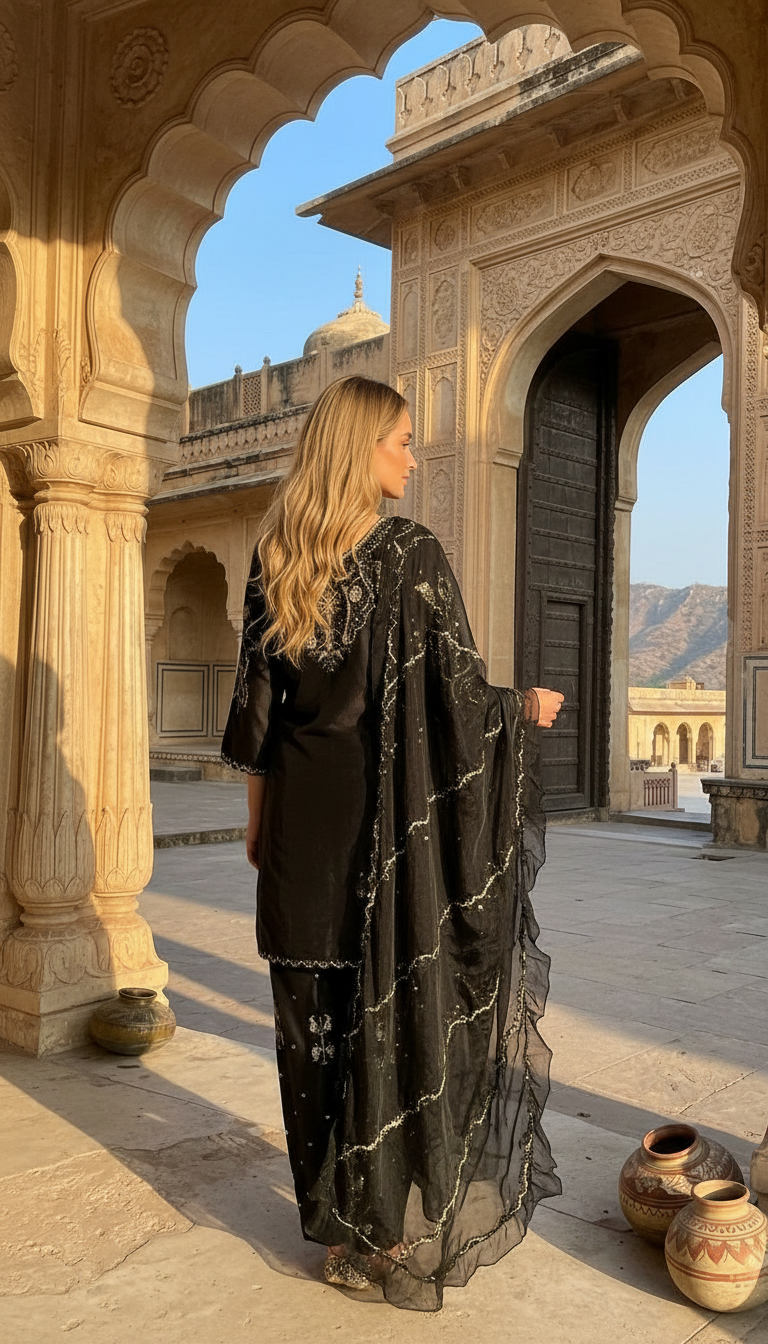 Stylish Heavy Embroidered Satan Silk Farshi Shalwar Suit - Black / HC002310 view 7