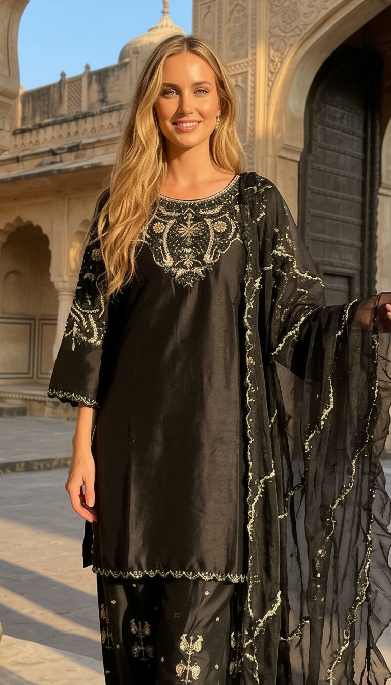 Stylish Heavy Embroidered Satan Silk Farshi Shalwar Suit - Black / HC002310 view 5