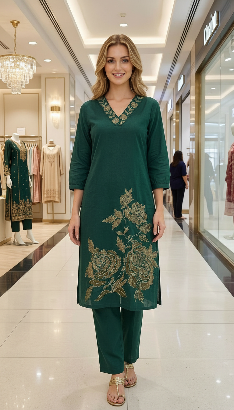 Fancy Embroidered Khadi Cotton Cord Set Suit - Green / HC002594 view 3