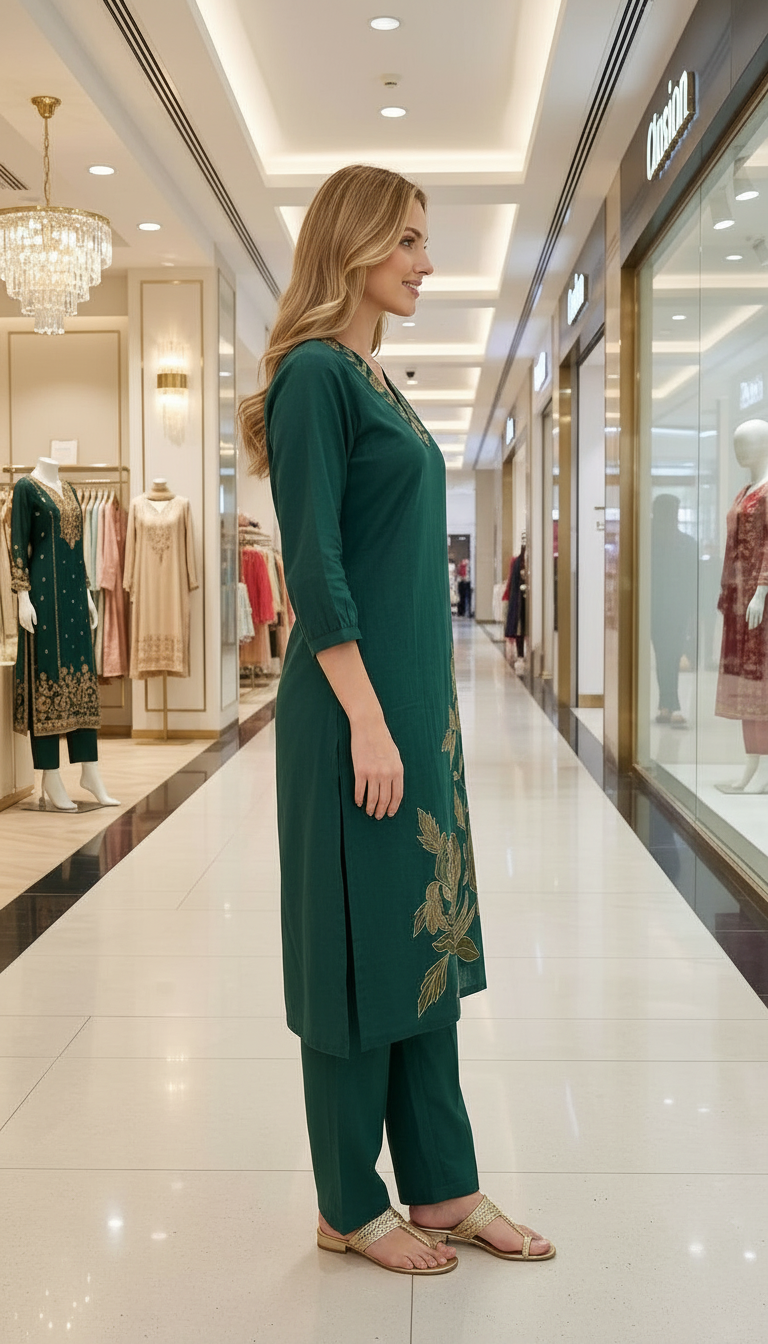 Fancy Embroidered Khadi Cotton Cord Set Suit - Green / HC002594 view 4