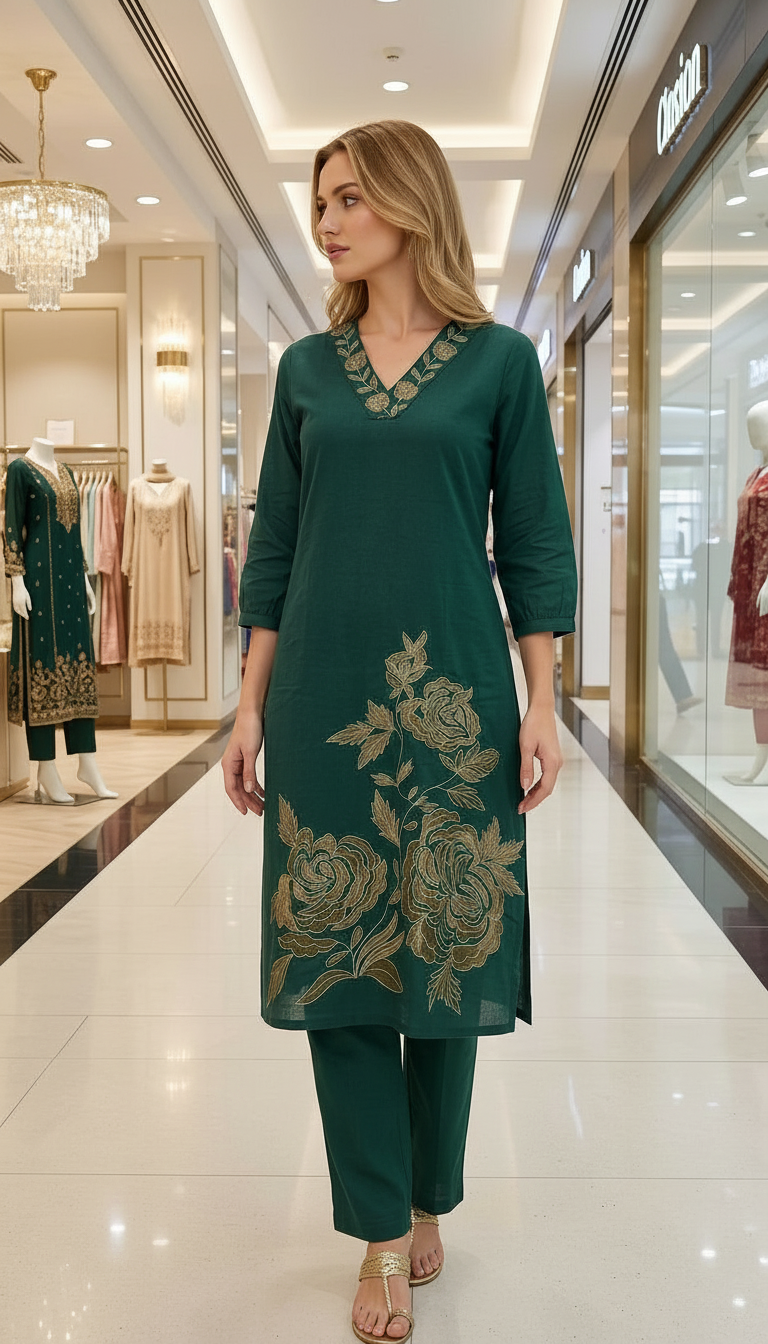 Fancy Embroidered Khadi Cotton Cord Set Suit - Green / HC002594 view 2