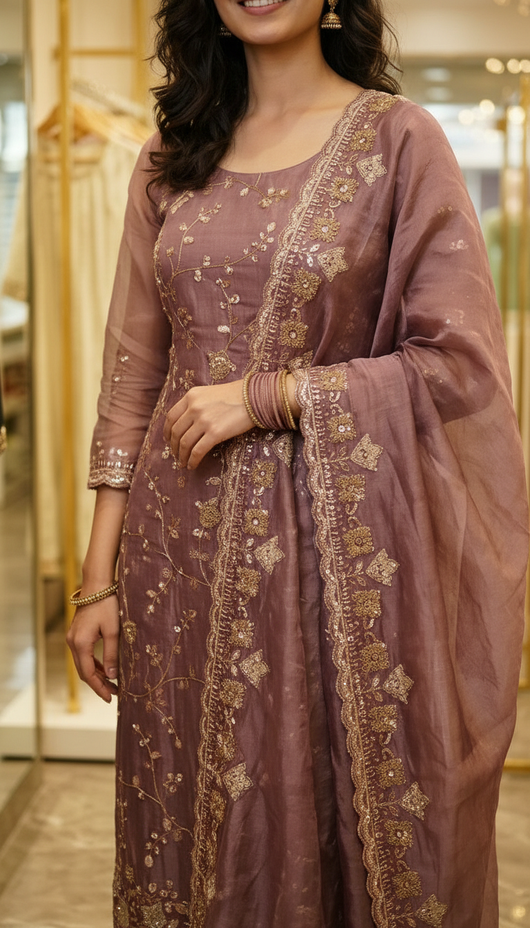 Heavy Embroidered Hand Work Crush Tissue Unstitched Suit - Purple / HC002628 view 5