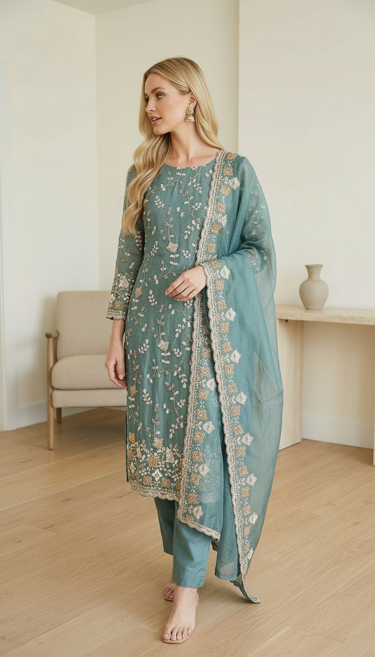 Heavy Embroidered Hand Work Crush Tissue Unstitched Suit - Firozi / HC002628 view 2