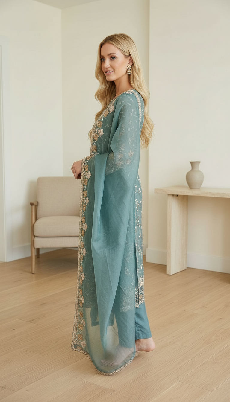 Heavy Embroidered Hand Work Crush Tissue Unstitched Suit - Firozi / HC002628 view 3