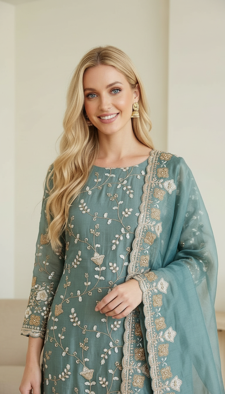 Heavy Embroidered Hand Work Crush Tissue Unstitched Suit - Firozi / HC002628 view 4