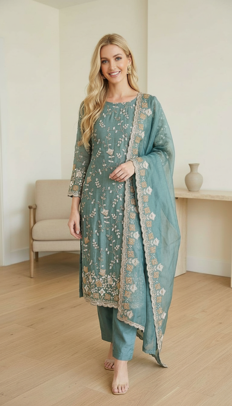 Heavy Embroidered Hand Work Crush Tissue Unstitched Suit - Firozi / HC002628 view 5