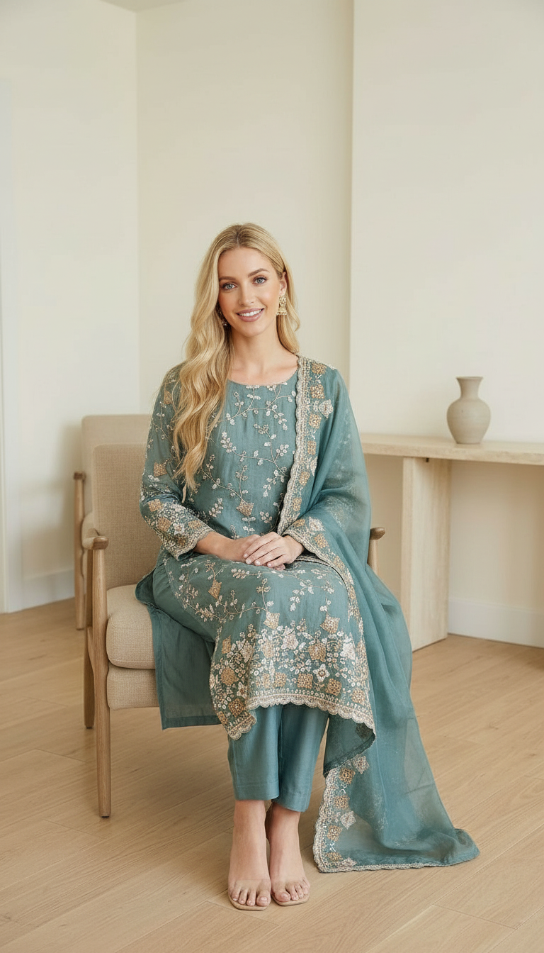 Heavy Embroidered Hand Work Crush Tissue Unstitched Suit - Firozi / HC002628 view 6