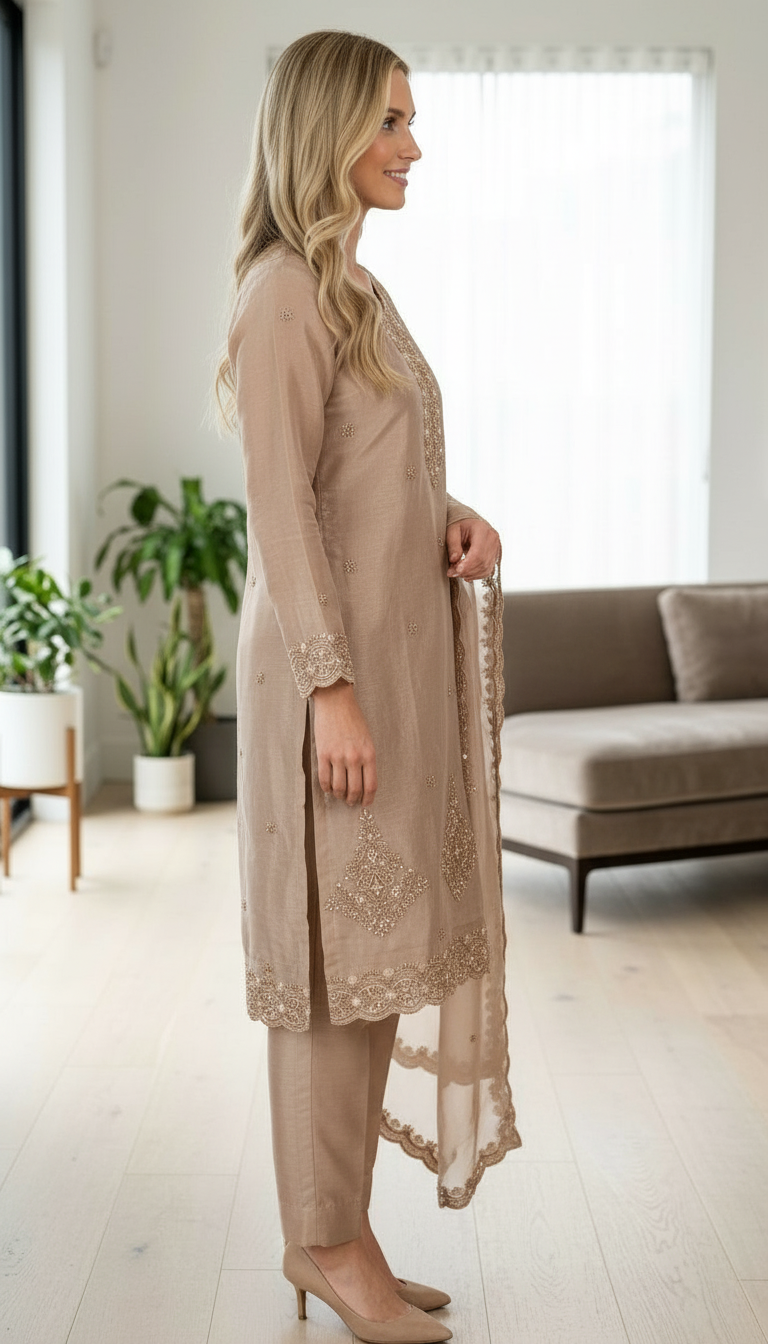 Fancy Hand Work Embroidered Tissue Silk Unstitched Suit -peech / HC002627 view 3