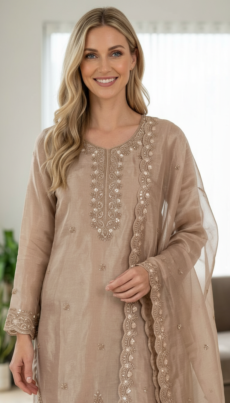 Fancy Hand Work Embroidered Tissue Silk Unstitched Suit -peech / HC002627 view 4
