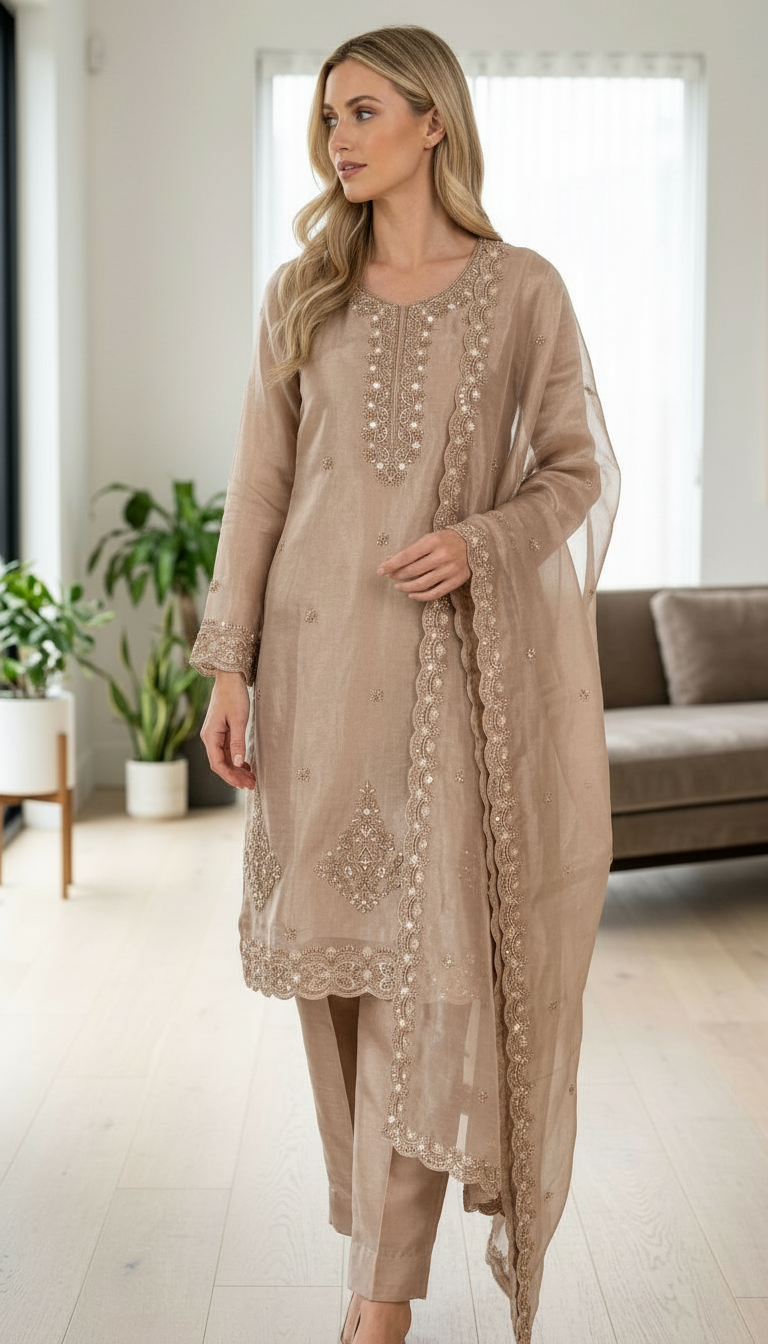 Fancy Hand Work Embroidered Tissue Silk Unstitched Suit -peech / HC002627 view 2