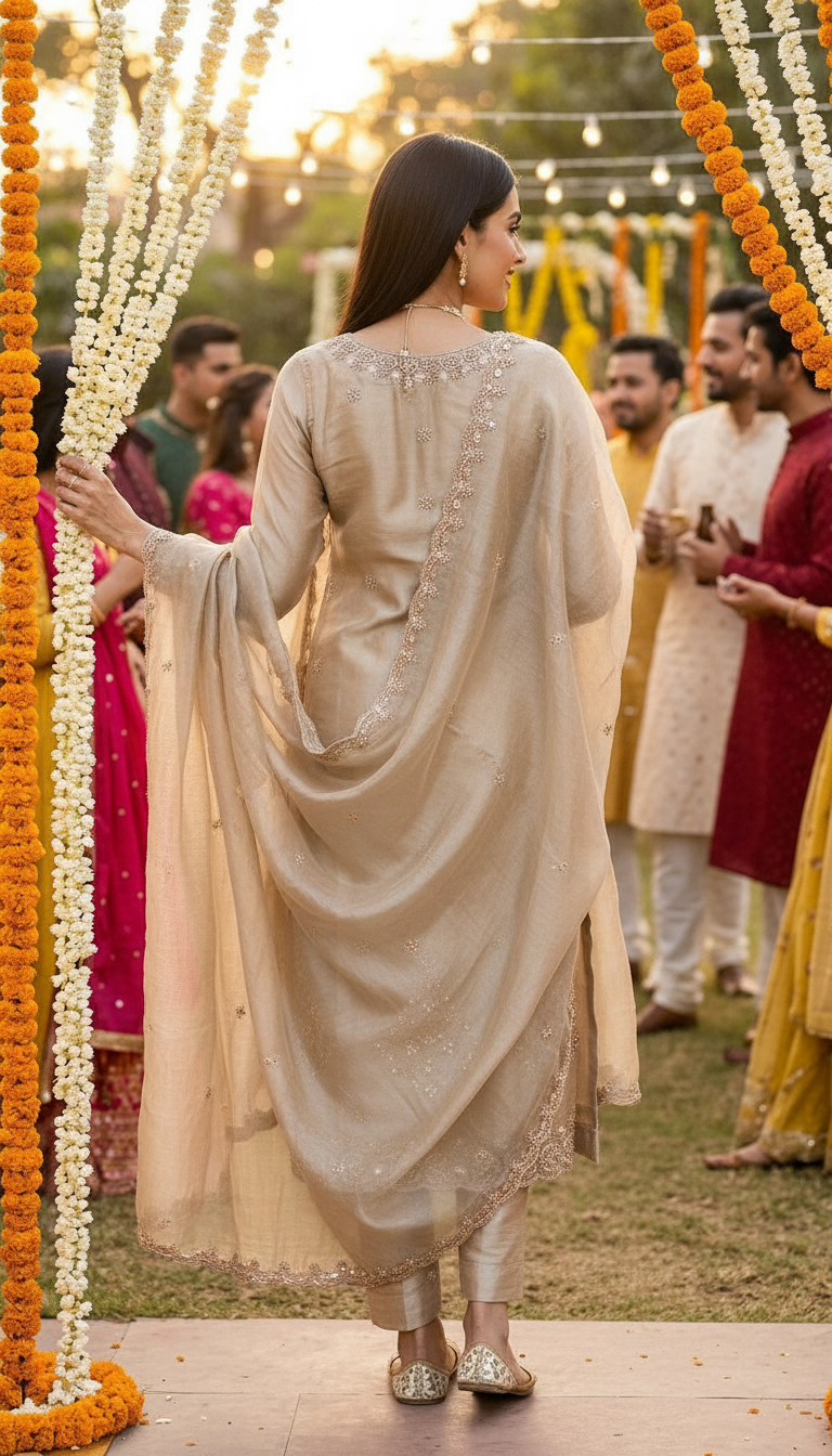 Fancy And Stylish Embroidered Hand Work Tissue Silk Unstitched Suit - Golden / HC002627 view 4