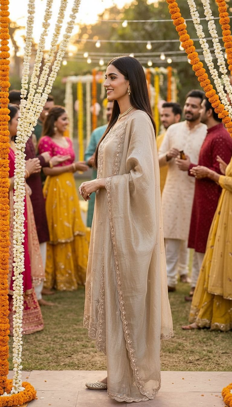 Fancy And Stylish Embroidered Hand Work Tissue Silk Unstitched Suit - Golden / HC002627 view 3