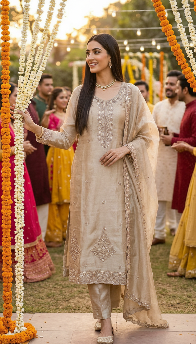 Fancy And Stylish Embroidered Hand Work Tissue Silk Unstitched Suit - Golden / HC002627 view 2