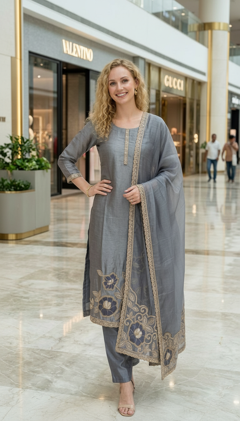 Elegant Embroidered Tissue Silk Cutwork Hand Work Unstitched Suit - Purple / HC002631 view 6