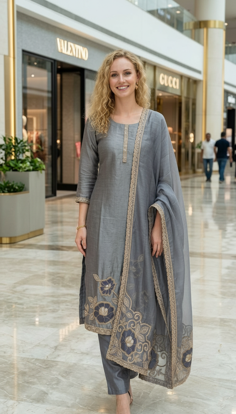 Elegant Embroidered Tissue Silk Cutwork Hand Work Unstitched Suit - Purple / HC002631 view 3
