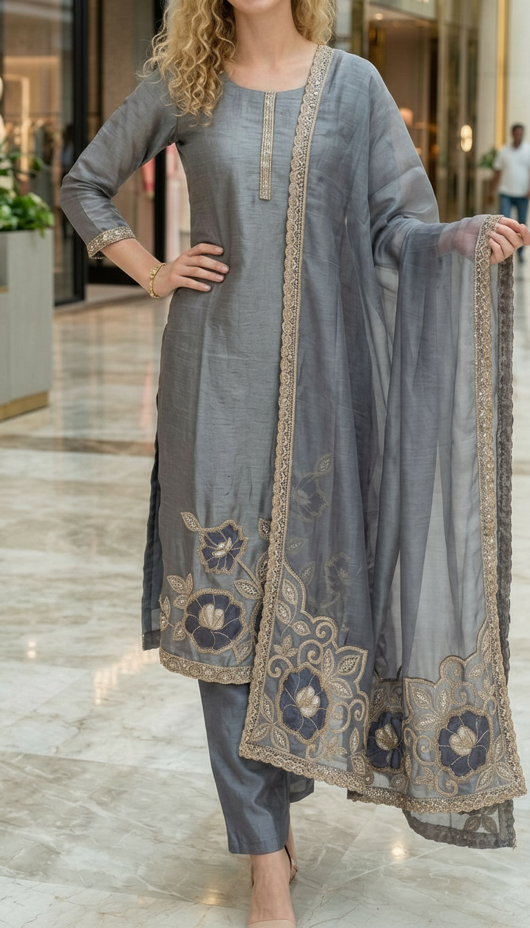 Elegant Embroidered Tissue Silk Cutwork Hand Work Unstitched Suit - Purple / HC002631 view 5