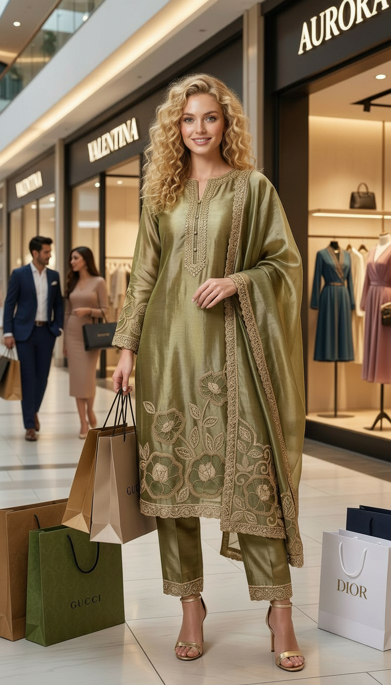 Stylish Heavy Embroidered Cutwork Hand Work Unstitched Suit - Mehndi view 4